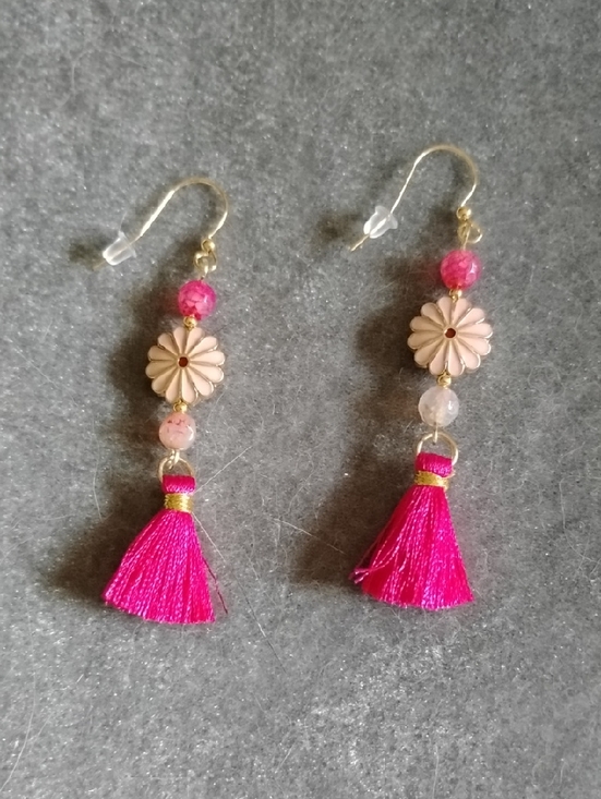 Hand Crafted Jewelry - Hand Crafted Pink Tassel Floral Drop Earrings With Gold Accents